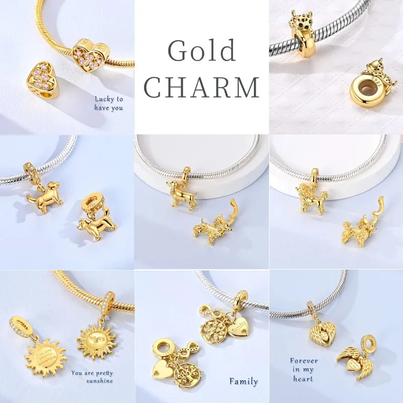 Goldfarbene Charms aus 925er Sterlingsilber, original goldene Sicherheitskette, runder Abstandshalter-Clip-Charm, DIY-Schmuck für Damen, Armband, Geschenk