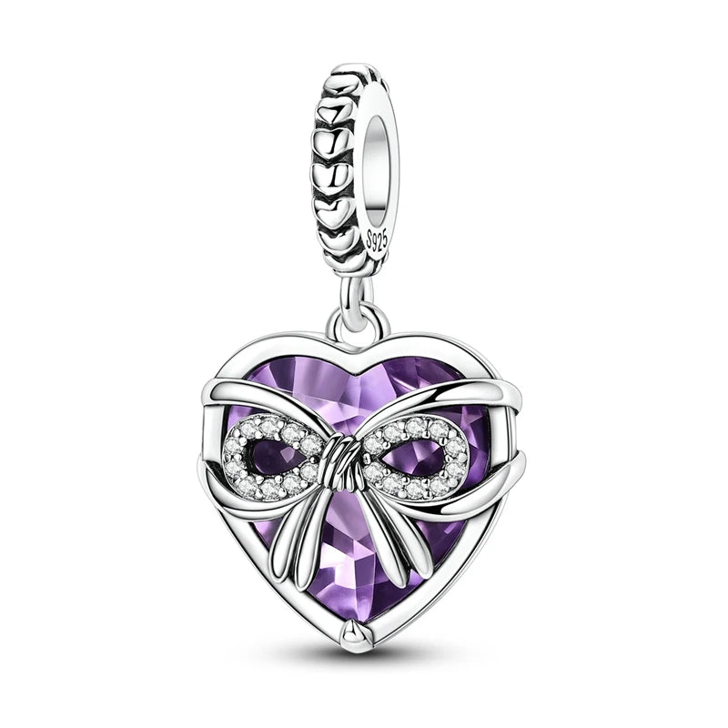 Romantische Schleifenperlen aus 925er-Sterlingsilber und herzförmiger, unendlicher baumelnder Charm, passend für Armbänder, schöne Schmuck-Accessoires, Geschenke