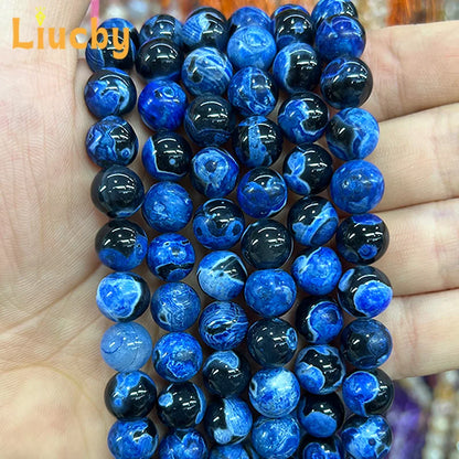 Naturstein Dunkelblaue Feuerachate Edelsteinperlen für Schmuckherstellung DIY Damenohrringe Zubehör 15" Großhandel 6/8/10mm