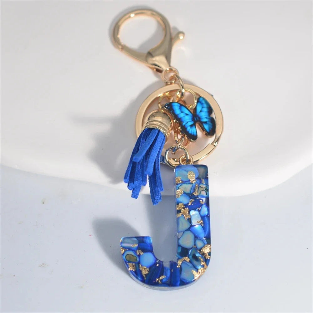 Modischer blauer glasierter Stein, A bis Z, Buchstaben-Schlüsselanhänger, 26 Initialen, Alphabet, Schmetterling, Quaste, Anhänger, Auto-Schlüsselanhänger, Damenschmuck, Geschenke