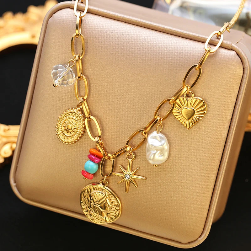 EILIECK 316L Edelstahl Sonne Herz Blume Anhänger Halskette 18K vergoldet Zubehör Charme handgemachten Schmuck für Frauen Mädchen