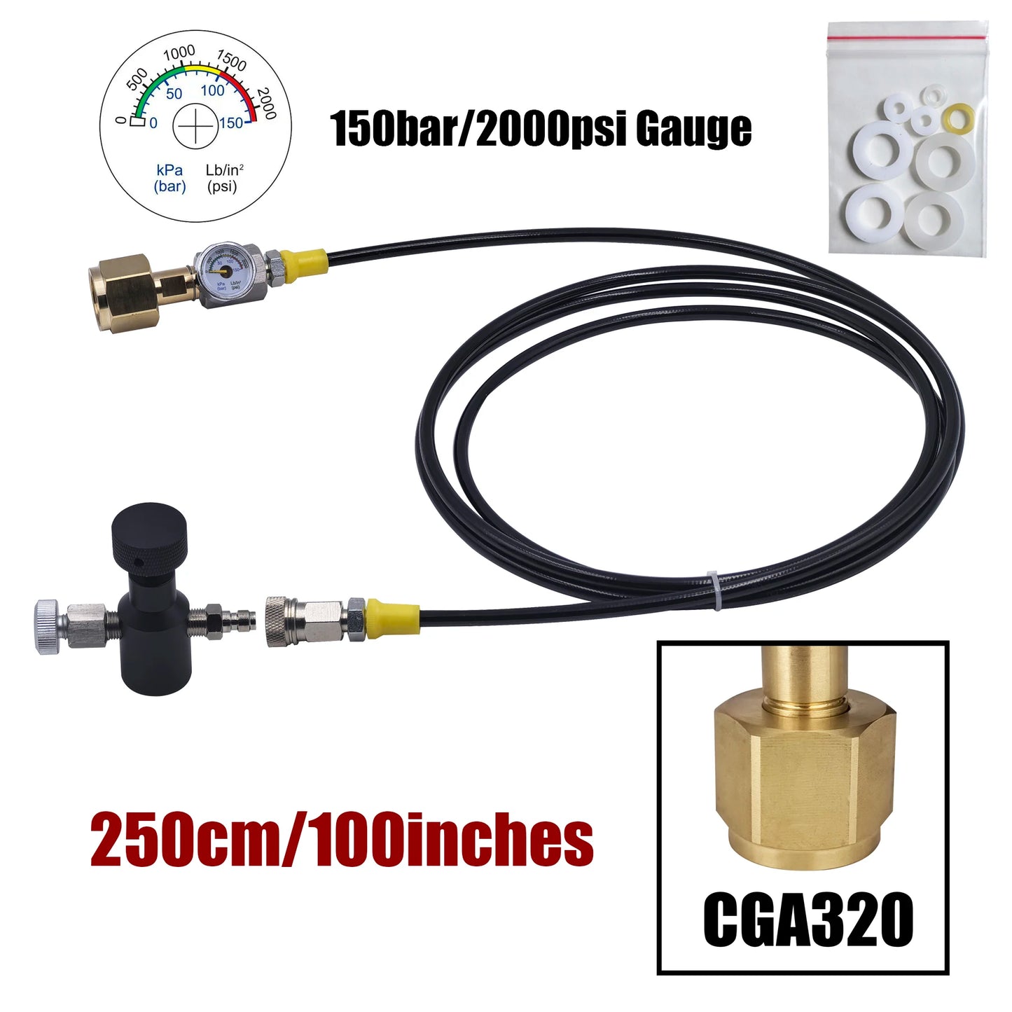 Soda Water Blue Zylinder CO2-Nachfüllstation-Adapter mit 40- oder 100-Zoll-Schlauch-Ein/Aus-Adapter W21,8-14 oder G3/4 oder CGA320-Anschluss