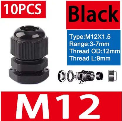 10 Stück wasserdichte Kabelverschraubungen M8-M40, schwarze Kunststoff-Dichtungsverbindungen, IP68, Nylon-Stecker, Gummi-Kabelverschraubung für verschiedene Größen