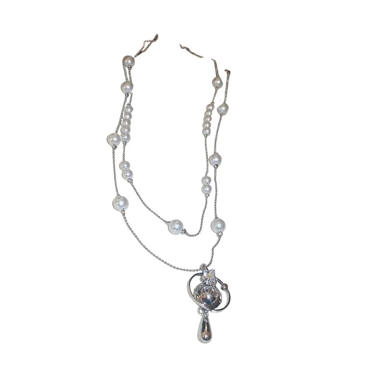 Mit Diamanten besetzte Saturn-Wassertropfen-Perlenkette, französische, leichte, luxuriöse Premium-Pulloverkette, vielseitiges Weihnachts- und Geburtstagsgeschenk