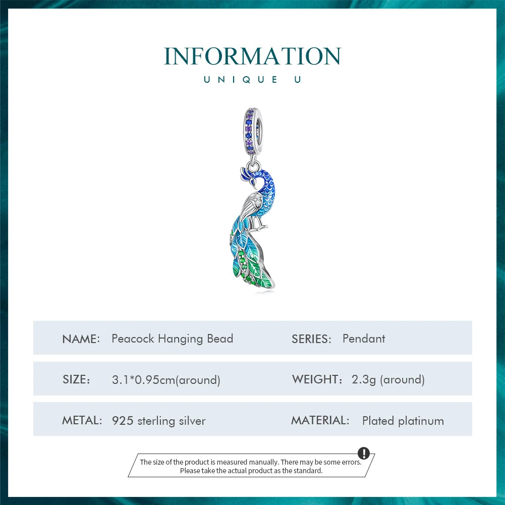 Bamoer 925 Sterling Silber Schrittweise Blau Pfau Hängen Perlen Zarte Tier Anhänger Charms für Frauen Geburtstag Geschenk BSC696