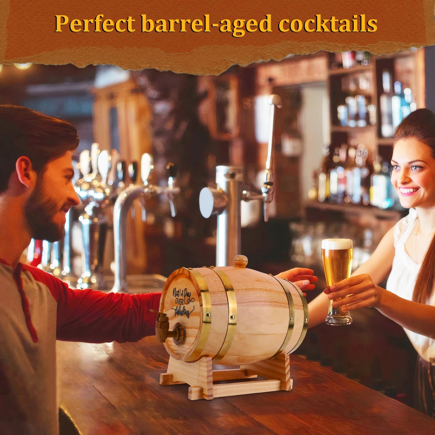3L Holz-Whiskeyfass mit Ständer, Verschluss und Zapfhahn – Weinfass/Whiskeyfass-Spender für Whiskey, Bourbon, Cocktails, Rum