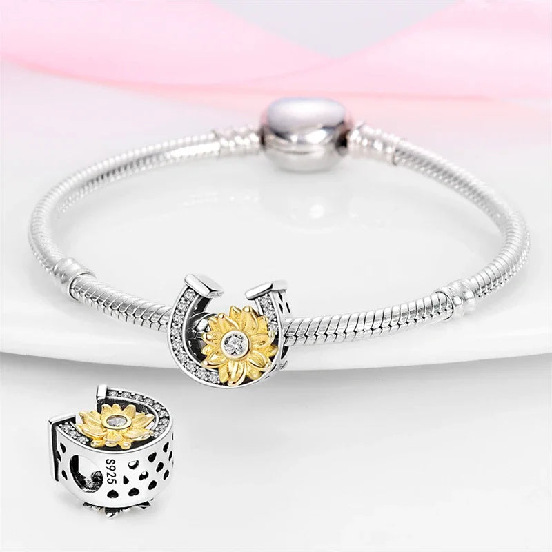 Silber S925 Glück Charms Bunte Vierblättriges Kleeblatt Hufeisen Perlen Fit Original Armbänder für Frauen Party Feine Geschenke DIY
