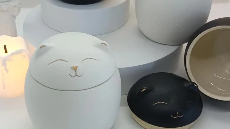 Urn for pet ashes, cat shape memorial cremation urns, hand crafted black, decorative urns for burial dog, ceramic sealed jar