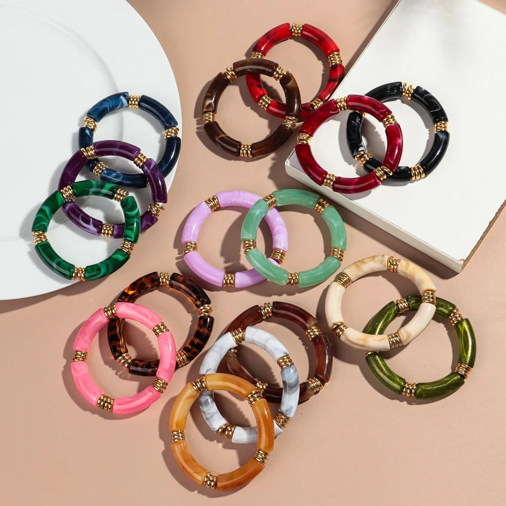 Vintage Chunky Bamboo Elbow Acrylic Bracelets for Women Men Rock Punk Stretch Large Curved Tube Stacking Bangle Couple Jewelry Gifts
