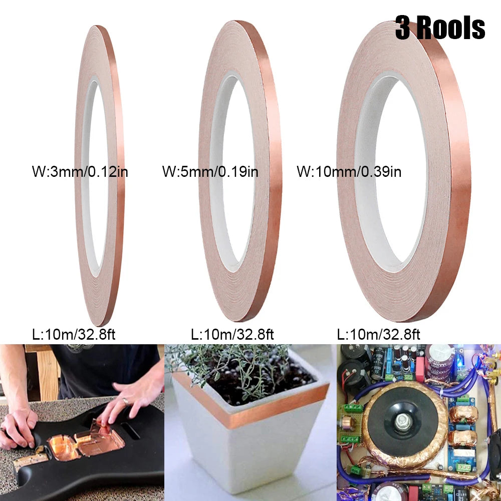 3 Rollen Kupferfolienband, selbstklebend, einseitig, leitende Schnecke, EMI-Abschirmung, DIY-Schaltung, elektrische Reparaturbänder