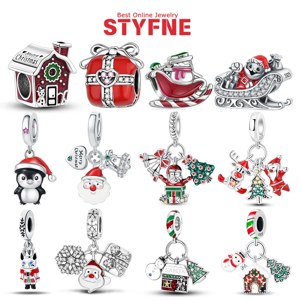 S925 Silber Weihnachten Schneeflocke Charms Herzförmige Glänzende Zirkon Perle Fit Original Armband Diy Edlen Schmuck Weihnachten Geschenk
