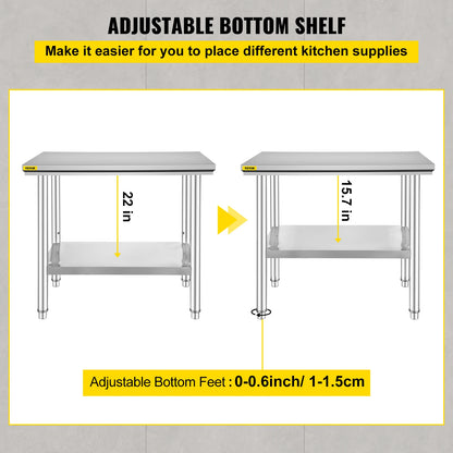 VEVOR Edelstahl Arbeitstisch 900 x 600 x 800 mm Edelstahltisch Essenszubereitung mit Verstellbare Füße für die Zubereitung von Mahlzeiten, Nähen, Waschen, Basteln, Garagennutzung usw.