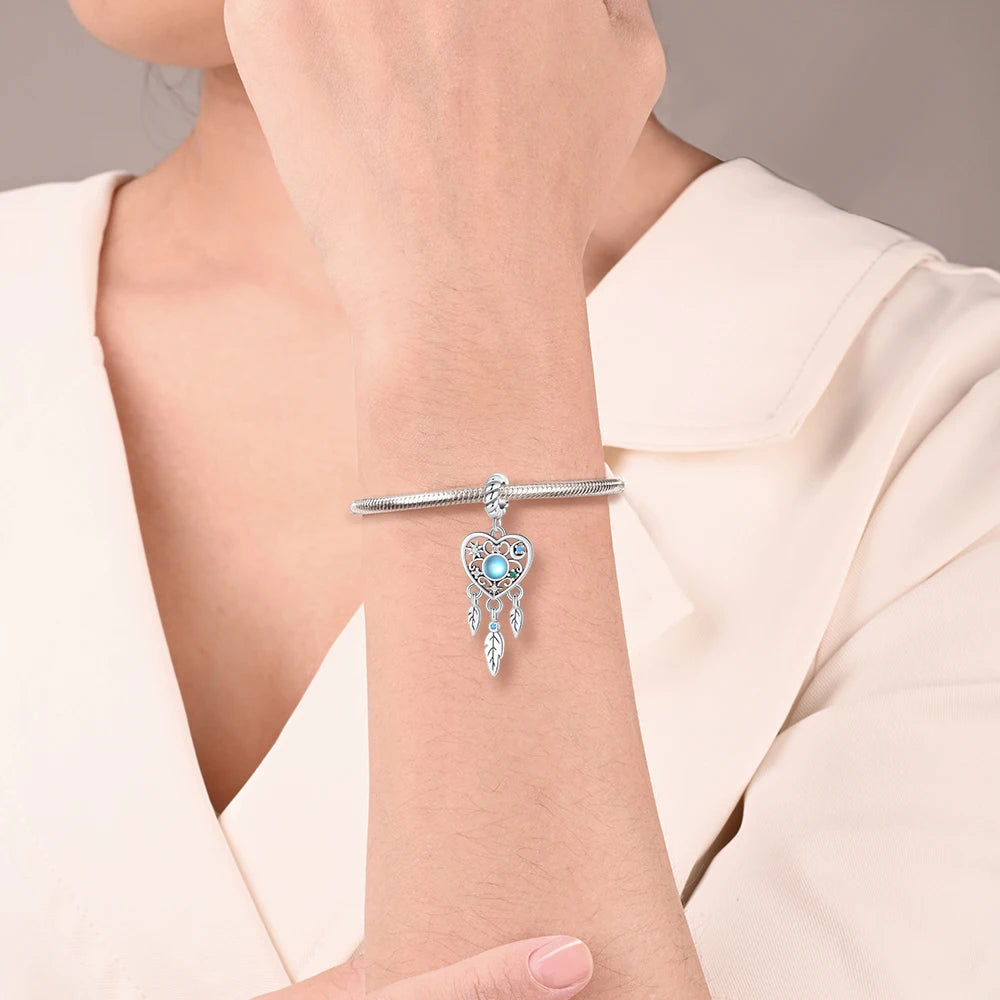 Exquisite Seestern-Perlen aus 925er-Sterlingsilber und vierblättriges Kleeblatt, baumelnder Charm für Armbänder und Halsketten, blaues romantisches Anhänger-Geschenk