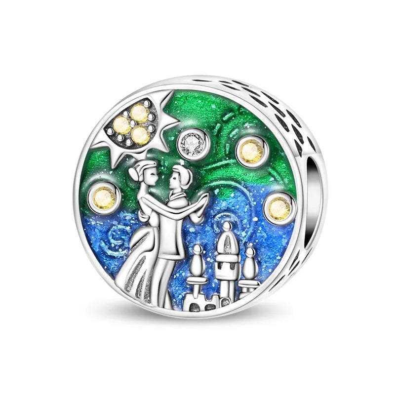 Bunte 925er-Sterlingsilber-Anhänger mit Sternenhimmel-Ölgemälde und leuchtenden Engeln, passend für Armbänder, schöne Schmuckgeschenke
