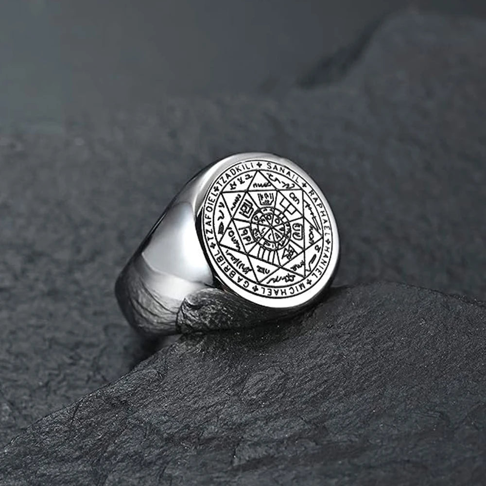 YILUOCD Siegel der sieben Erzengel-Ringe für Männer Der Schlüssel des Salomon-Rings Kabbalah Talisman Amulett Edelstahl Herrenschmuck