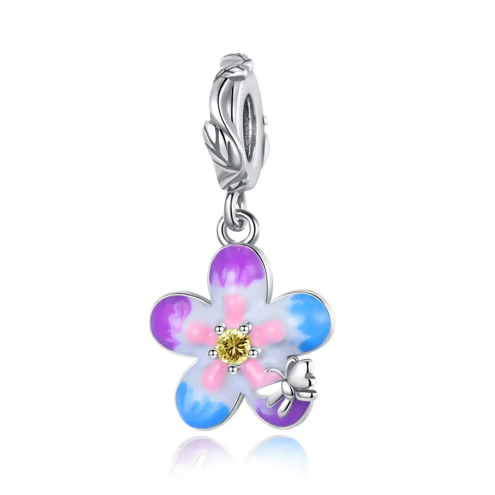 Bunter Schmetterlingsanhänger aus 925er-Sterlingsilber mit Blumen, Perlen, Käfer und Marienkäfer, passend für Armbänder, exquisite Anhänger-Geschenke