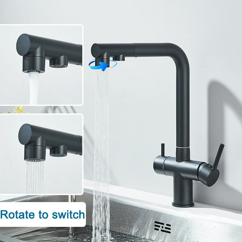 Rozin Wasserreiniger, Küchenarmatur, Schwarz, herausziehbarer flexibler Filter, Küchenarmaturen, Kran, Messing, 2-in-1-Mischbatterie für heißes und kaltes Wasser