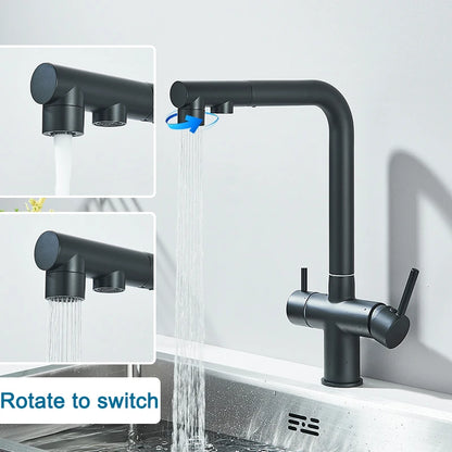 Rozin Wasserreiniger, Küchenarmatur, Schwarz, herausziehbarer flexibler Filter, Küchenarmaturen, Kran, Messing, 2-in-1-Mischbatterie für heißes und kaltes Wasser