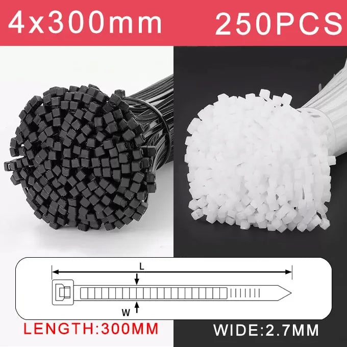 250/500/1000 Stück selbstsichernde weiße schwarze Kunststoff-Nylon-Kabelbinder, Befestigungsring, Nylon-Klemmband mit Schloss, 3 x 100, 4 x 300 mm