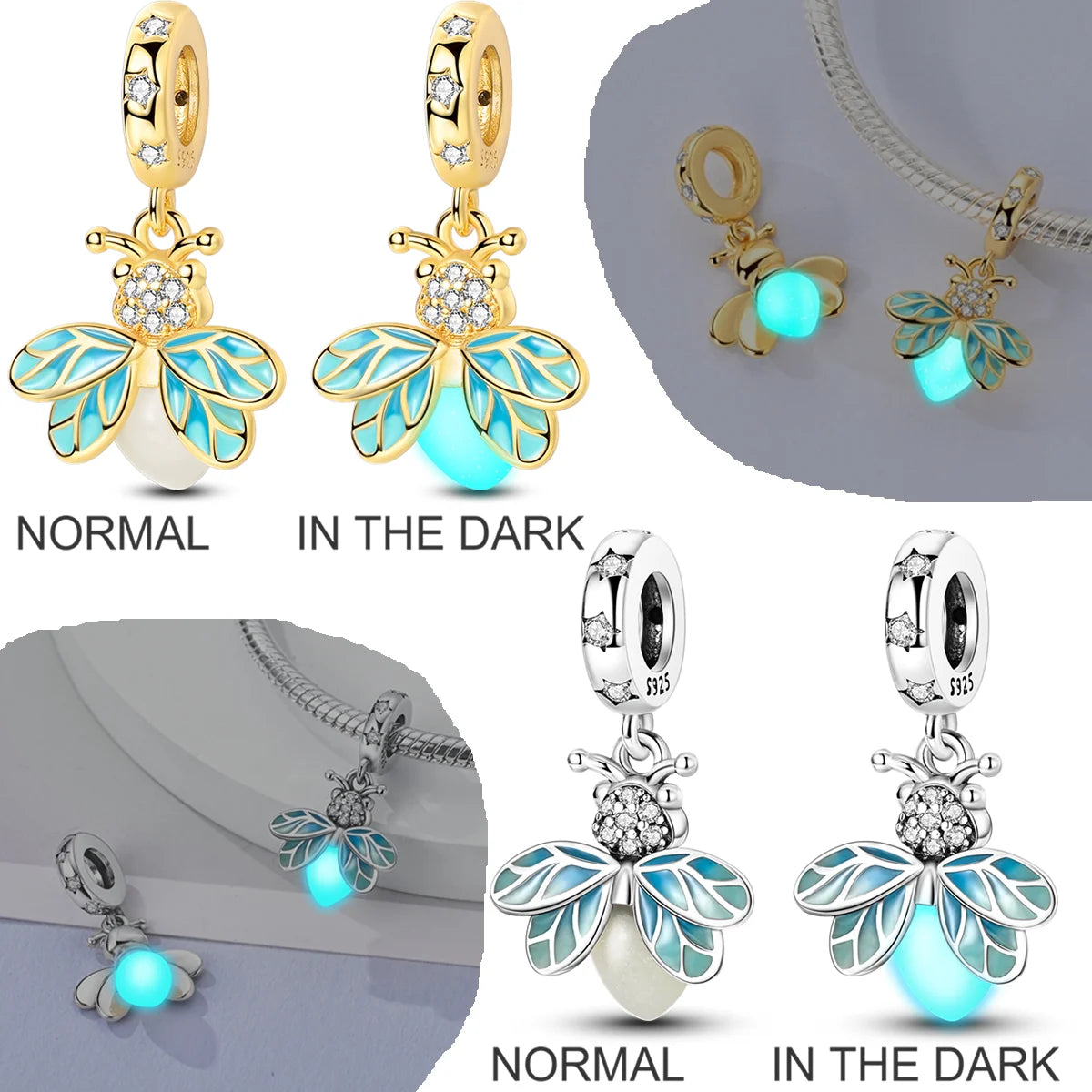 Original 925 Sterling Silber Goldene Haustiere Charms Perle Bunte Zirkonium Klee Engel Herz Baumeln Fit Armband DIY Schmuck Geschenk