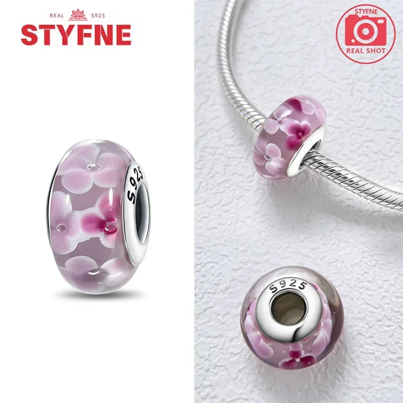 Echtes Sterlingsilber 925, Blumen-Charms, Glas, neue Original-Perle, bunt, Murano, passend für Original-Armbänder, DIY für Frauen, Schmuck, Geschenke