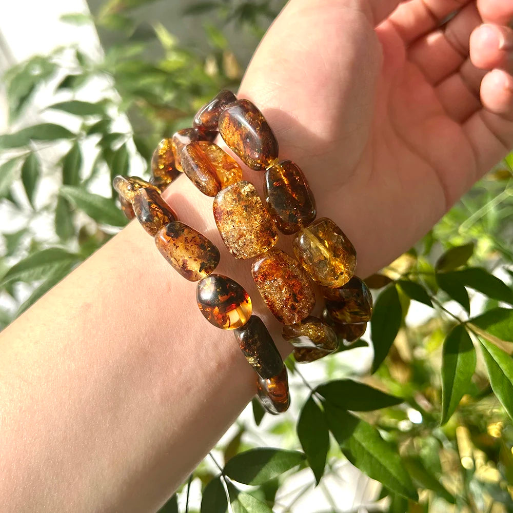 Natürliches Blumen-Bernstein-Armband mit unregelmäßigen Nuggets, ovale Perlen, 10 x 15–13 x 18 mm, mit Defekt, Schmuck für Männer und Frauen, besonderes Geschenk