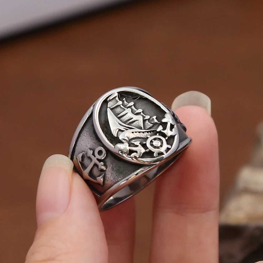 Mode Vintage Nordic Segelboot Piraten Ring Männlichen 316L Edelstahl Viking Kompass Ringe Biker Amulett Schmuck Geschenk Großhandel