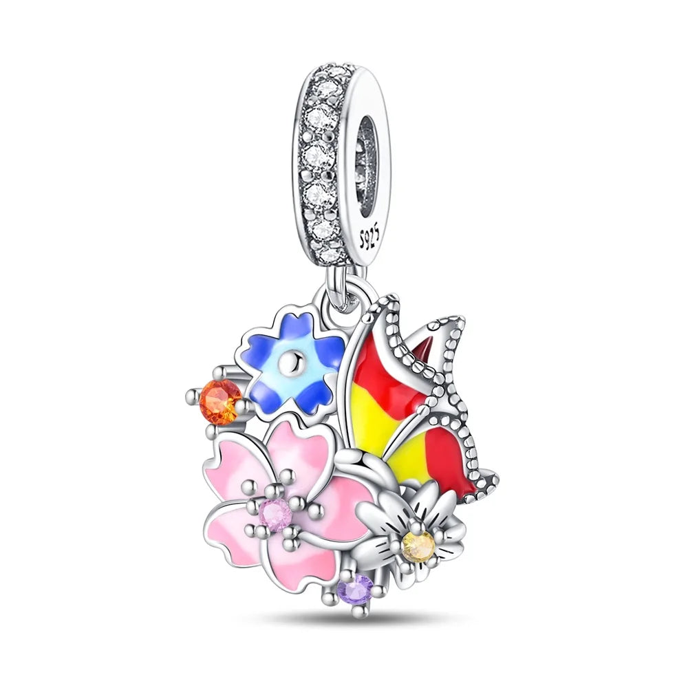 Niedlicher Raupenperlen aus 925er-Sterlingsilber, Schnecke und Bienen, vierblättriges Kleeblatt, baumelnder Charm, passend für Armbänder, bunte Anhänger-Geschenke