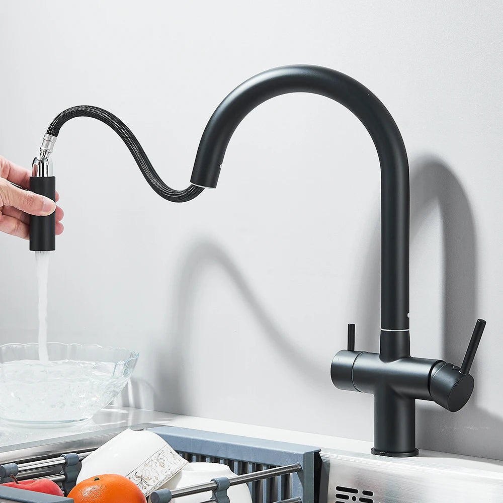 Gefilterter Küchenspüle-Wasserhahn mit einziehbarem Sprühgerät, Messing-Wasserfilterhahn, Trinkwasserhahn, Waschbeckenmischer für die Küche