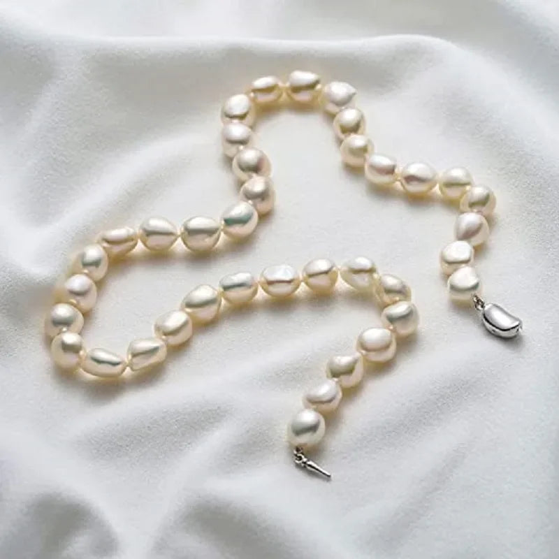 Barocke Perlenkette für Damen, 8–9 mm, 9–10 mm, AA-Qualität, Süßwasser-Zuchtperlen-Strang-Halskette mit Verschluss aus Sterlingsilber