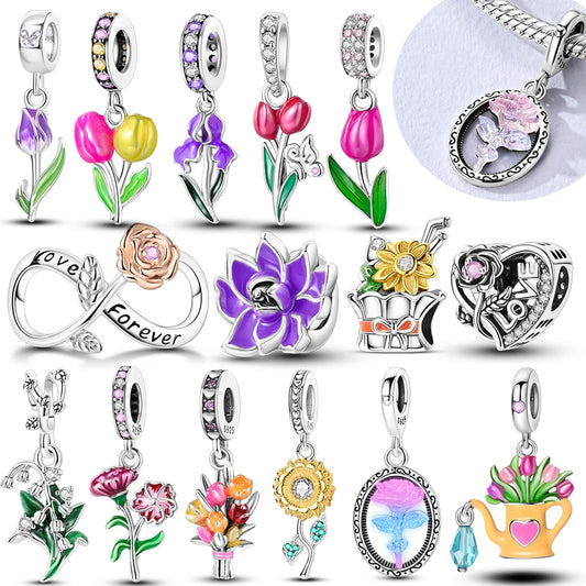 Charms-Perlen der Blumenserie, Original-Anhänger aus 925er-Sterlingsilber, Lotus-Tulpe, Rose, Nelke, passend für Armbänder, Damenschmuck, DIY-Geschenk