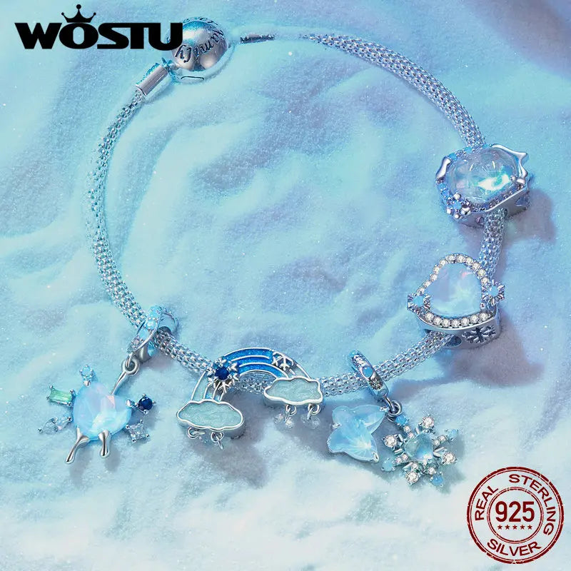 Wostu Sterling Silber schmelzende Eis Schneeflocke Anhänger blau Opal Liebe Herz Regenbogen Charme fit Original Armband DIY Winter Geschenk