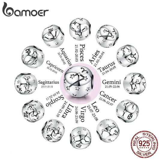 BAMOER Vintage-Charms aus 925er-Sterlingsilber mit zwölf Sternbildern, Sternzeichen-Perlen, passend für Charm-Armbänder, Halsketten zum Selbermachen, SCC1218