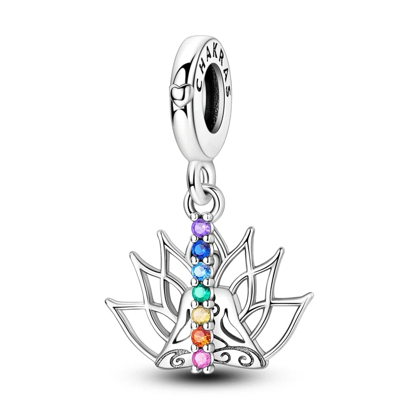 Funkelnde 925er-Sterlingsilber-Charm mit buntem Zirkon, festen Clip-Perlen und Engel-Anhänger, passend für Armbänder und Halsketten, exquisite Geschenke