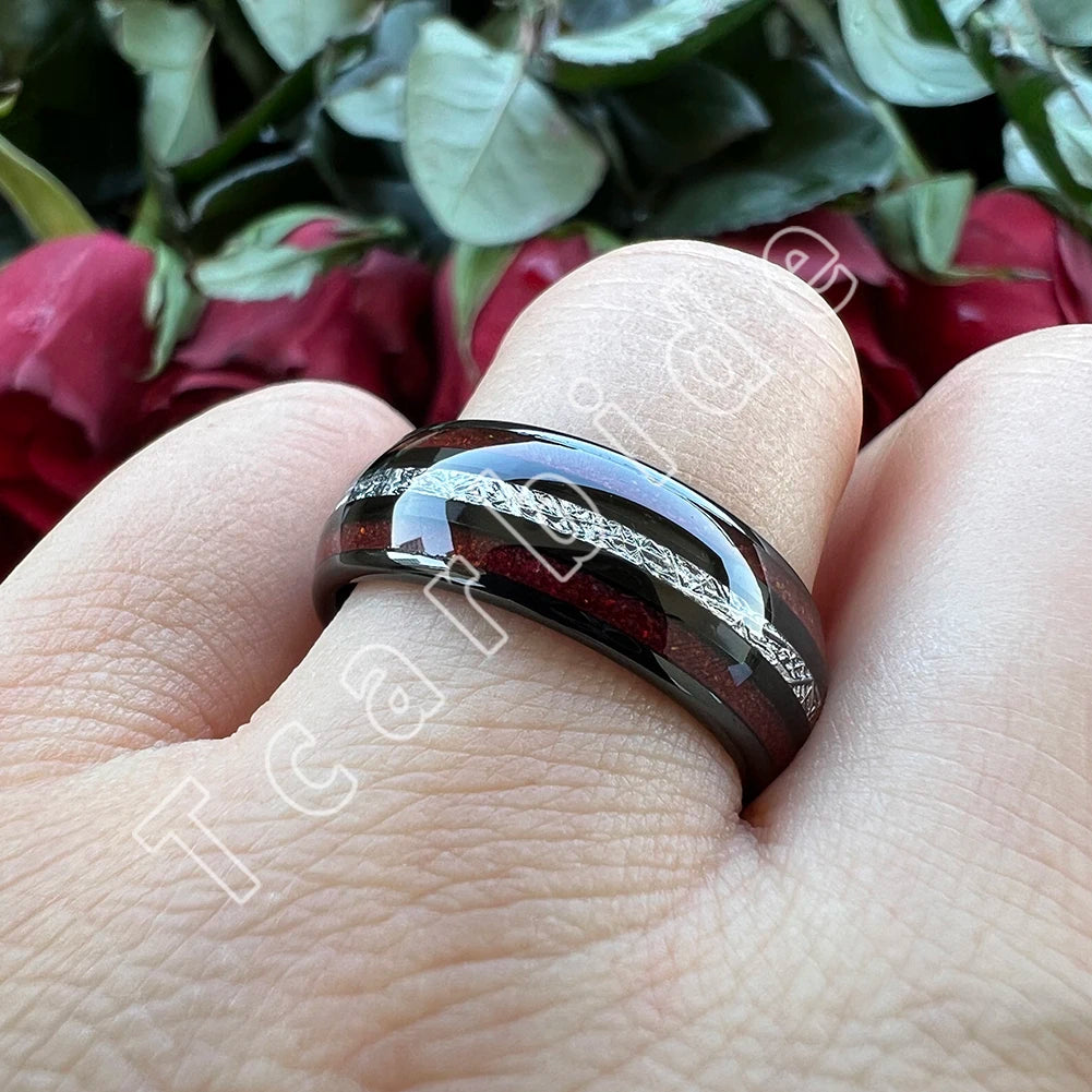 Dropshipping 8MM Männer Frauen Schöne Hochzeit Band Wolfram Rot Opal Ring mit Helle Meteorit Inlay Gewölbt Poliert Komfort Fit