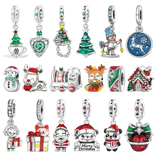 Frohe Weihnachten-Charm aus 925er-Sterlingsilber, Kiefernbaum, Weihnachtsmann, Schneehaus, passend für DIY-Armbänder, Halsketten, Urlaubs- und saisonale Geschenke