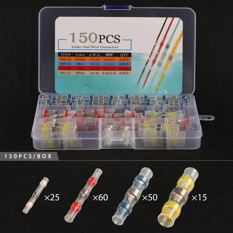 50/100/120/150/250/400 Stück verpackt 26–10 AWG 0,25–6 mm wasserdichte Lötdichtungshülse Spleißklemmen Wärmeschrumpf-Zinn-Stoßverbinder