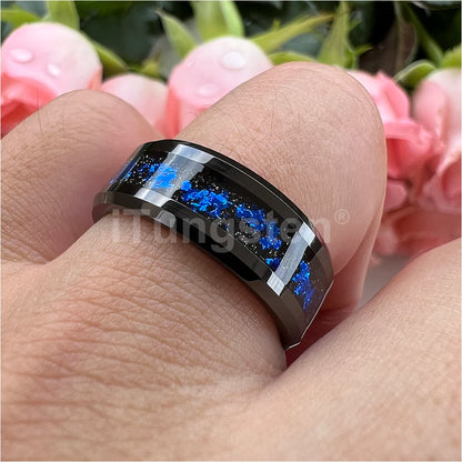 iTungsten 8 mm schwarze/silberne Wolfram-Eheringe für Männer und Frauen mit blauen Folien, abgeschrägte Kanten, polnisch, glänzend, bequeme Passform