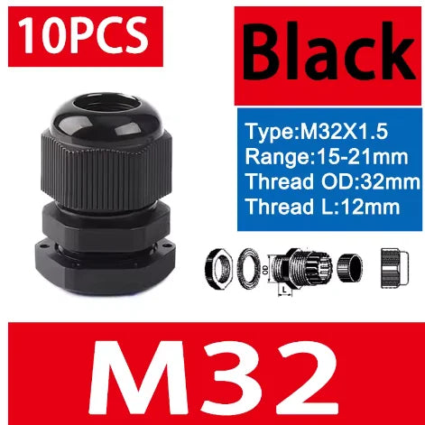 10 Stück wasserdichte Kabelverschraubungen M8-M40, schwarze Kunststoff-Dichtungsverbindungen, IP68, Nylon-Stecker, Gummi-Kabelverschraubung für verschiedene Größen