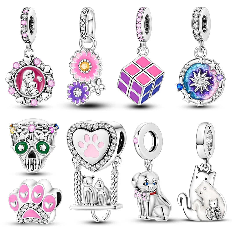Versilberte Katzenpfote, Zauberwürfel, Blumen-Charms, Anhänger, passend für Original-Armbänder, DIY-Modeschmuck