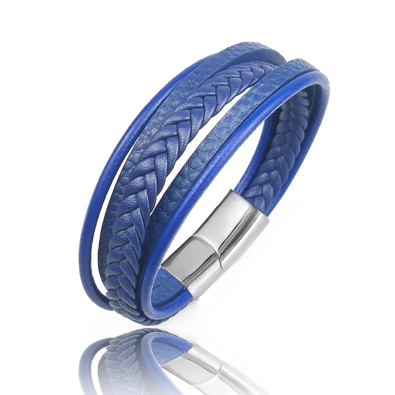 MingAo Neue Titan Stahl Blau Punk Geflochtene Leder Armband Für Männer Schwarz Magnet Verschluss Armreif Die Beste Geschenk für Vintage schmuck