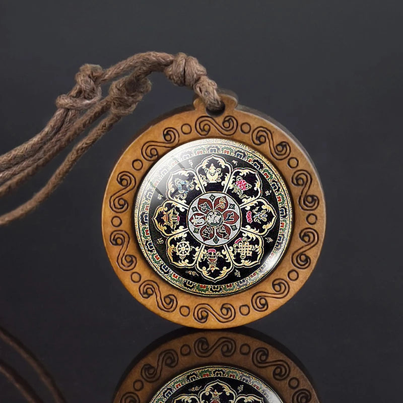 Mandala glass necklace, retro art, wooden pendant, Buddhist sacred geometry, jewelry, spiritual yoga gift