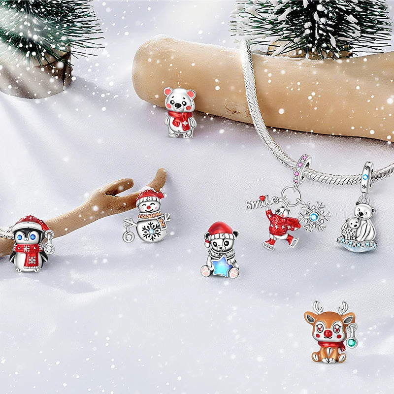 Winter-Charm, Original-Charm-Anhänger aus 925er-Sterlingsilber, Schneeflocke, Schneemann, Pinguin, für Frauen, feiner DIY-Geburtstagsschmuck, Geschenke