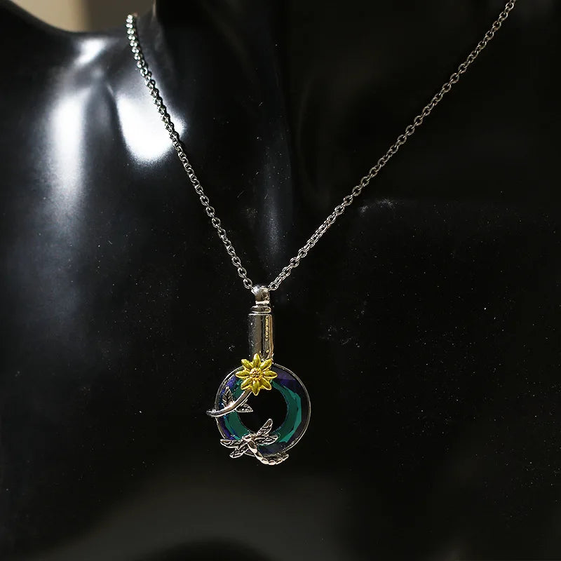 Urnen-Anhänger-Halskette, Libellen-Sonnenblumen-Gedenkschmuck für Asche, Andenken für Liebste und Haustiere