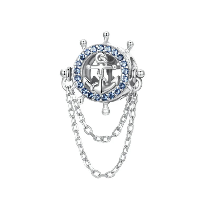 Bamoer Kompass-Anhänger aus 925er-Sterlingsilber, Emaille, blau, voll eingekreist, Zirkon-Perlen für Frauen, DIY-Halsketten-Zubehör, Kristall-Geschenk