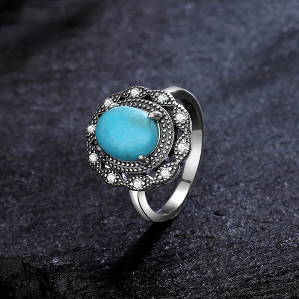 Vintage S925 Silber Ring Natürliche Türkis Ringe Luxus Schmuck Party Jahrestag Geburtstag Geschenk für Frauen Mann