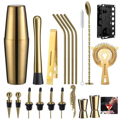 Cocktail-Shaker-Set, 20-teilig, Barkeeper-Set mit Ständer, Mixologie-Bar-Set, Getränkemixer-Set mit unverzichtbarem Zubehör, Werkzeug, Rezept-Broschüre