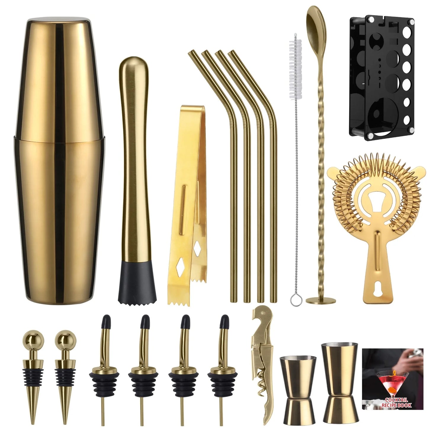 Cocktail-Shaker-Set, 20-teilig, Barkeeper-Set mit Ständer, Mixologie-Bar-Set, Getränkemixer-Set mit unverzichtbarem Zubehör, Werkzeug, Rezept-Broschüre