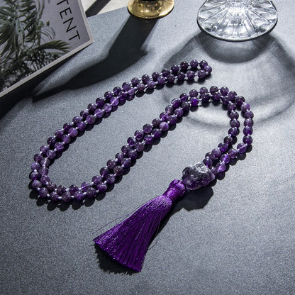 8mm Natürliche Amethyst-Perlenkette mit 108 Mala-Perlen, Geknotete Meditations-Yoga-Gebetskette mit Großer Stein-Guru-Perle, Schmuck