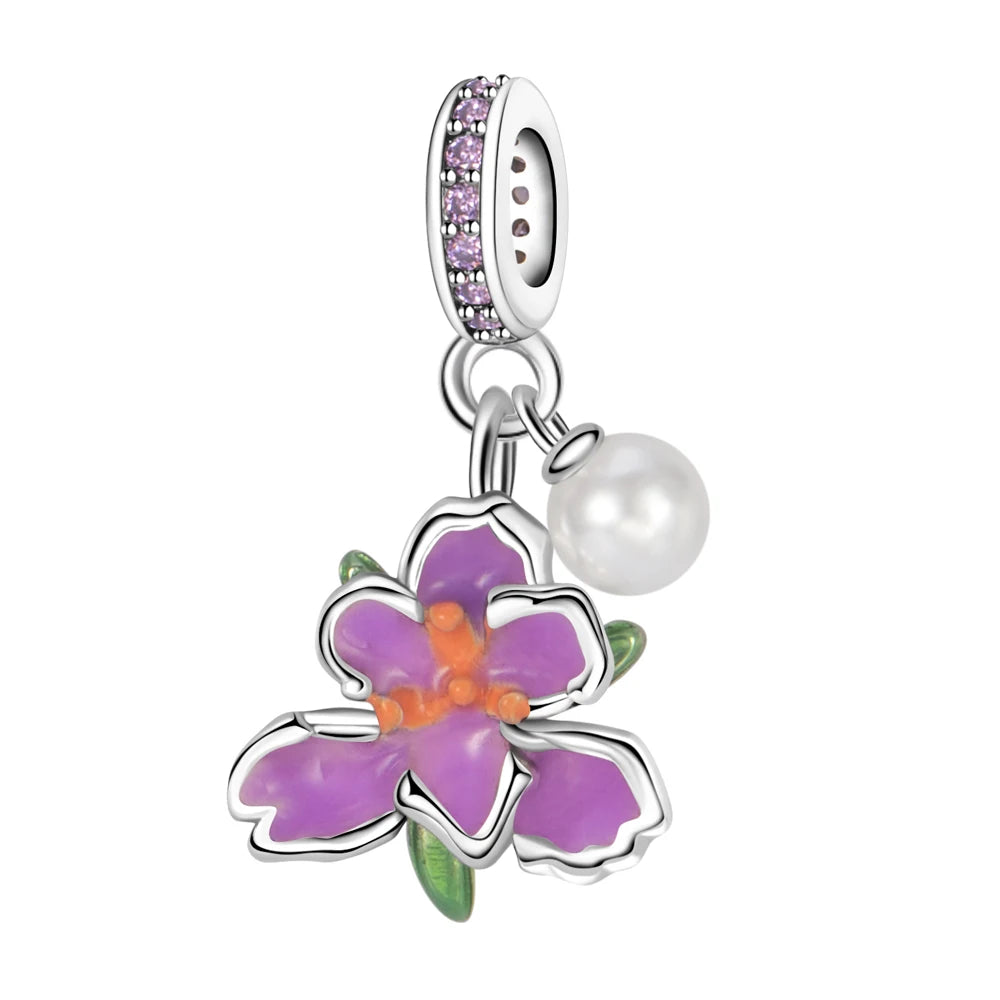 Lila Serie 925 Sterling Silber Traubenblüten Weinflasche Lebensbaum Tulpen Schnur-Dekoration Passend für DIY Armband Halskette Geschenk